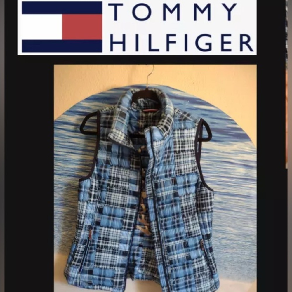 NET Tommy Hilfiger Women's Puffer Plaid Vest - Navy, Light Blue & White- Size S